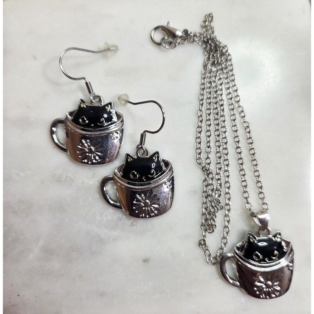 3pcs Exquisite Cute Little Black Cat In Cup Earrings Necklace Set Holiday Gift